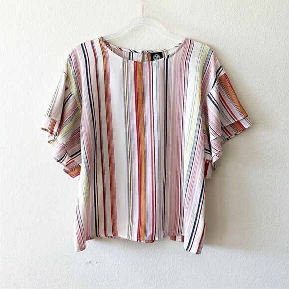 Bobeau Double Ruffle Rainbow Striped Top - Picture 1 of 11